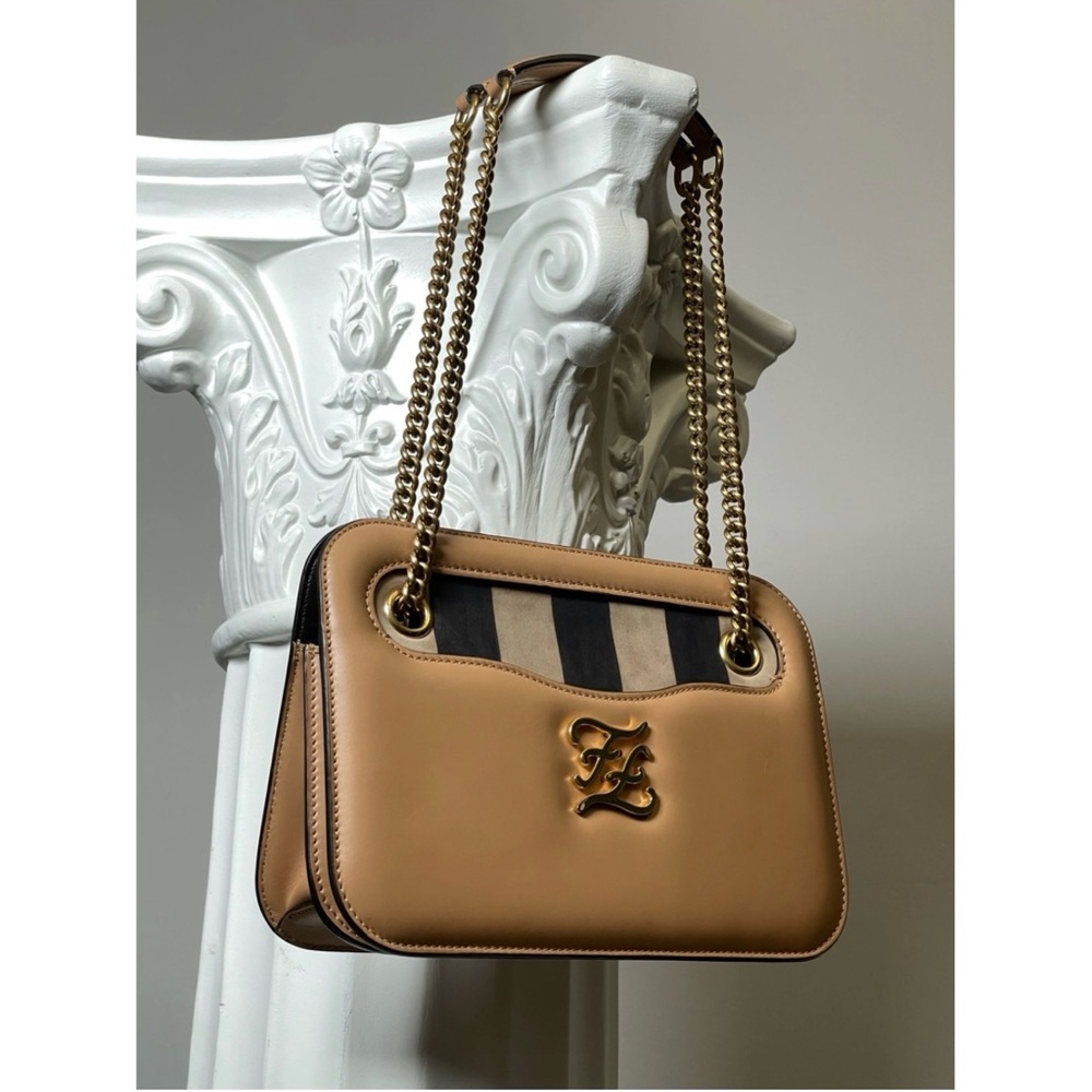 Fendi Tan and Brown Striped Shoulder Bag with Gold Chain - Picture 8 of 8